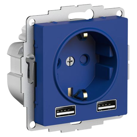 Розетка AtlasDesign 16А с 2-мя заряд. устройствами USB тип A+A 5В/2.4А 2х5В/1.2А механизм аквамарин SE ATN001130 APC
