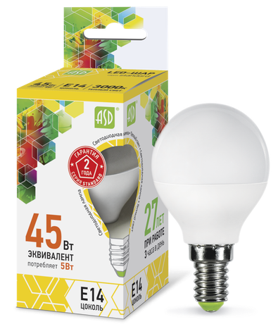 Лампа светодиодная LED-шар-standard 5Вт шар 3000К тепл. бел. E14 450лм 160-260В ASD 4690612002125