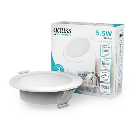 Светильник светодиодный ДВО 5.5 Вт 460 лм 4000К AC 220В IP20 круг D95х26мм монт d75мм Пластик Elementary Gauss - 997420205