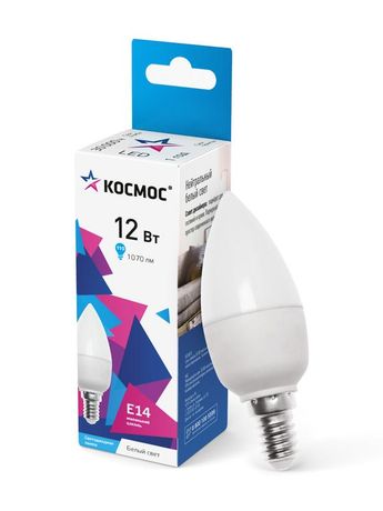 Лампа светодиодная LED 12Вт Свеча 220В Е14 D37х110 4500К белый 1070 лм - LkecLED12wCNE1445 Космос