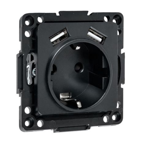 Стокгольм Механизм Розетки 1-местной с/з, USB 2A 16А винтовые клеммы черный с защ. штор. | EZR16-2USB-typeA EKF