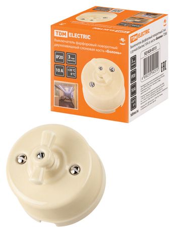 Выключатель фарфоровый поворотный 2-кл. с ручкой (бантик) 10А сл. кость «Болонь» | SQ1820-0313 TDM