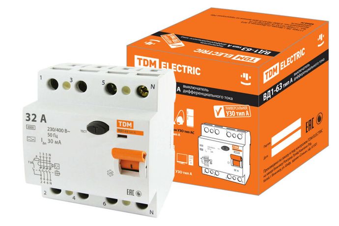 Выключатель дифференциальный (УЗО) ВД1-63 4п 32А 30мА тип A | SQ0203-0086 TDM