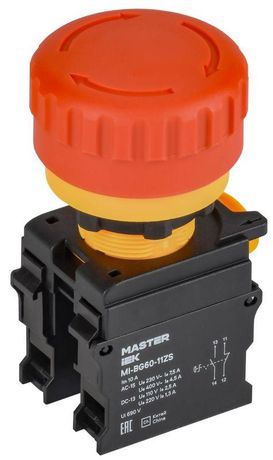 Кнопка Грибок поворот. с фикс. 1NO+1NC красная MASTER IEK - MI-BG60-11ZS-3-23-K04