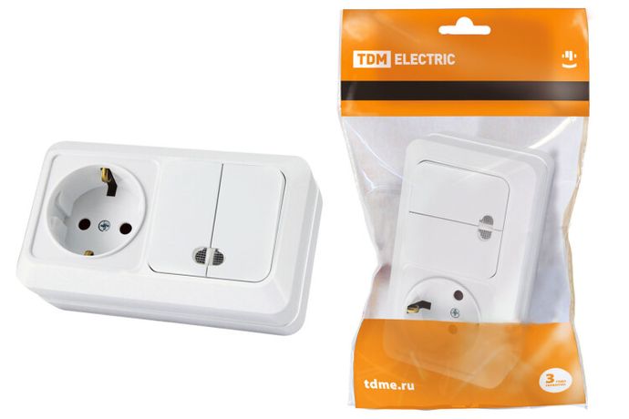 Блок комбинированный выкл. 2-кл. с/п 10А + розетка 2П+З 16А 250В БКВР IP20 белый "Ладога" | SQ1801-0104 TDM