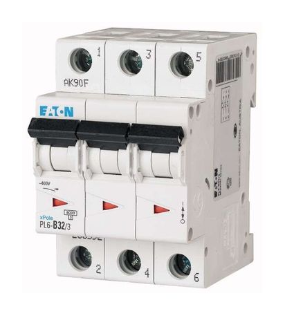 Выключатель автоматический 32А кривая отключения D 3 полюса отключающая способность 6 кА PL6-D32/3 - 286616 EATON