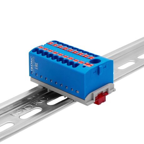 Блок распределительный с верт. адаптером на рейки шириной 15/35мм, зажим push-in, 1 ввод 6 кв.мм, 18 точек подключения 2,5 синий - DTP1-118-104SPUB-V ДКС