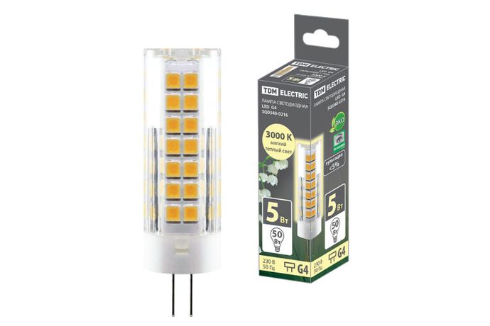 Лампа светодиодная G4-5 Вт-230 В-3000 К, SMD, 16x55 мм | SQ0340-0216 TDM