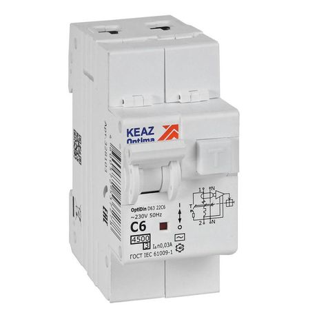 Выключатель автоматический дифференциального тока АВДТ с защитой от сверхтоков 2П 6А 30мА AC 4,5кА OptiDin D63-22C6-AC-У3 - 328103 КЭАЗ