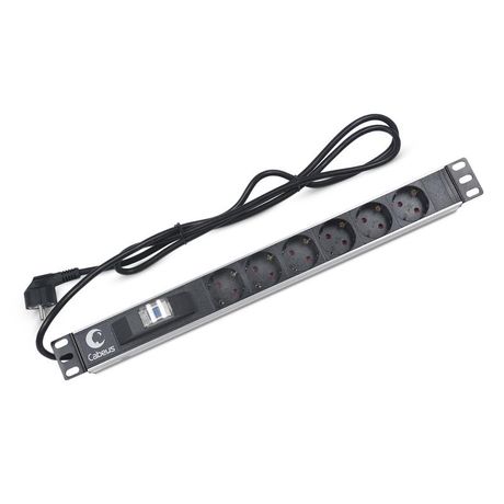 Блок евророзеток для 19' шкафов, горизонтальный, 6 розеток, автоматический выключатель 16 A , шнур 2м, алюминиевый корпус, немецкий стандарт - PDU-6P-B-2EU Cabeus 7292c