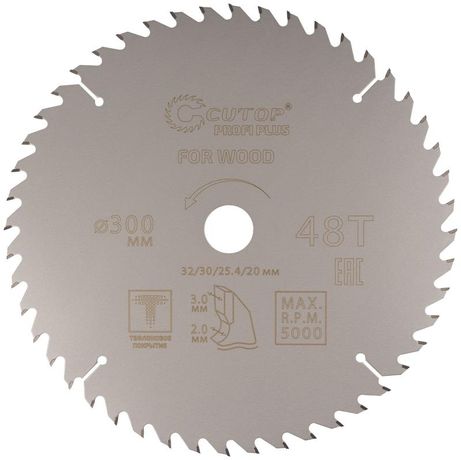 Диск пильный по дереву с тефлоновым покрытием 48Т, CUTOP Profi plus, 300 х 2,0/3,0 32/30/25,4/20 мм - 75-30048Т РОС