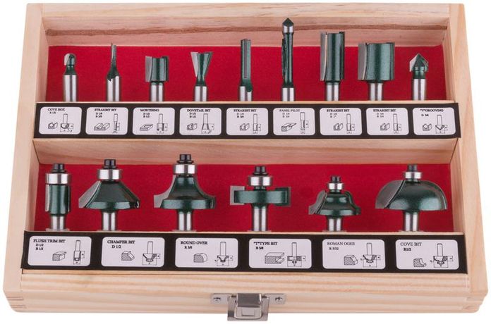 Фрезы по дереву кромочные набор 15шт деревянный бокс хвостовик 8мм (уп.15шт) FIT 36579 РОС