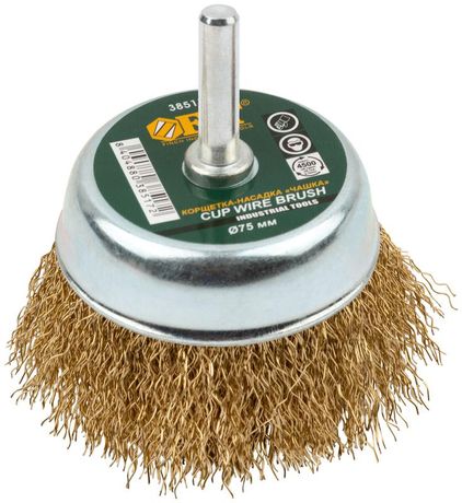 Кордщетка-чашка, со штифтом, стальная латунированная волнистая проволока 75 мм - 38517 РОС