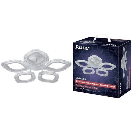 Люстра потолочная светодиодная диммируемая, LOSANGA, с ДУ, 3 режима, 535х535х75мм, 68Вт, 2700K/4200K/6400K, 21м, белый, 52925 9, Ritter