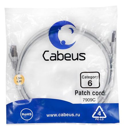 Патч-корд PC-FTP-RJ45-Cat.6-1.5m-LSZH F/UTP, категория 6, 2xRJ45/8p8c, экранированный, серый, LSZH, 1.5м - 7909c Cabeus