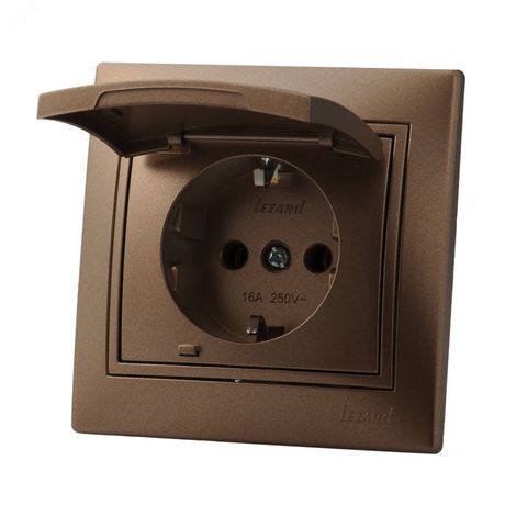 Розетка 1-м СП Mira 16А IP20 с заземл. защ. крышкой со вставкой керамика свет. корич. перламутр. LEZARD 701-3131-123