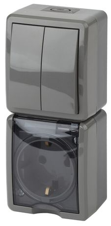 Блок розетка+выключатель 2-клавишный вертикальный IP54, 16A(10AX)-250В, ОУ, 11-7408-03 Эра Эксперт, Серый | Б0036007