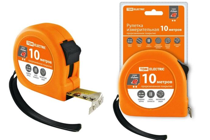 Рулетка длина 10 м стальная лента ширина 25 мм прорезиненное покрытие магнит "Рубин" | SQ1018-0108 TDM