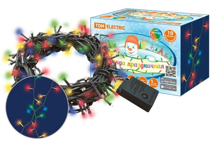 Гирлянда светодиодная СГ100MЗ10, многоцвет., зеленый шнур, 10м, 8 режимов, 250 В, | SQ0361-0041 TDM ELECTRIC
