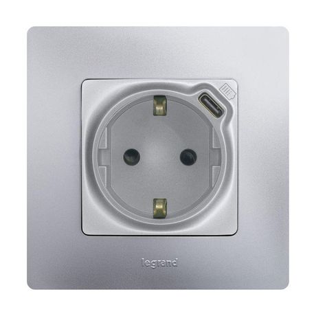 Розетка с заземлением USB тип C - Legrand Etika со шторками 16А 250В 1500мА 7,5Вт безвинтовые зажимы алюминий | 672488