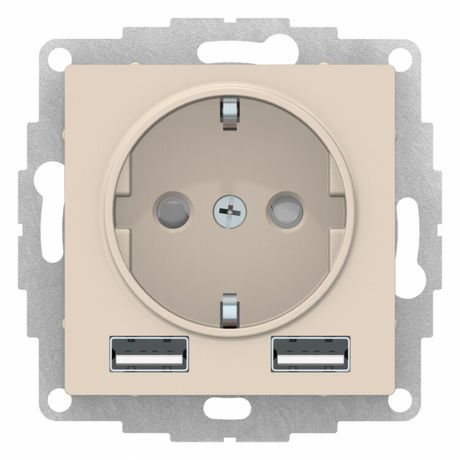 Розетка 1-м СП AtlasDesign 16А IP20 с 2-мя заряд. устройствами USB тип A+A 5В/2.4А 2х5В/1.2А механизм беж. SE ATN000230 APC