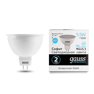 Лампа светодиодная LED 5.5 Вт 470 лм 6500К AC180-240В GU5.3 софит MR16 холодная Elementary Gauss - 13536