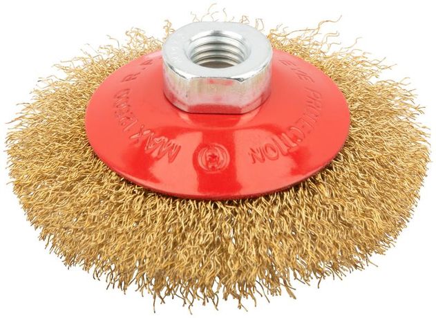 Кордщетка-колесо с наклоном, гайка М14, стальная волнистая латунированная проволока 100 мм - 39050 РОС