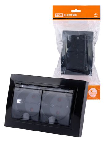 Розетка двойная 2П+З с защ. шт. и прозрачной крышкой 16А 250В IP44 антрацит "Таймыр" | SQ1814-0877 TDM