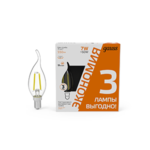 Лампа светодиодная филаментная LED 7 Вт 550 лм 2700К AC185-265В E14 свеча теплая (промоупаковка 3 лампы) Black Filament Gauss - 104901107T