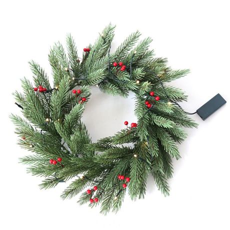 Еловый домашний венок с ягодами и гирляндой NEON-NIGHT 45 см, 20 LED, 2 х АА, литой, теплое белое свечение - 307-150