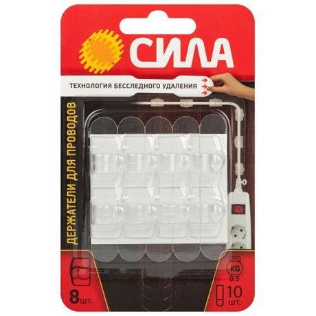 Держатель СИЛА SHС-D10-T8 для проводов с технологией бесследного удаления 8 шт 10 полосок до 500 г прозрачные | Б0063946