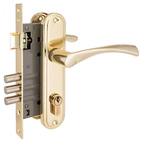 Замок врезной цилиндровый с ручками для деревянных дверей АЛЛЮР 103/3 GP латунь - 5958 ПТК