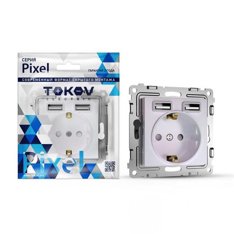 Розетка 1-м СП Pixel IP20 с заземл. 2-мя заряд. устр. USB тип A+A механизм перламутр. TOKOV ELECTRIC TKE-PX-R1U2A-C04