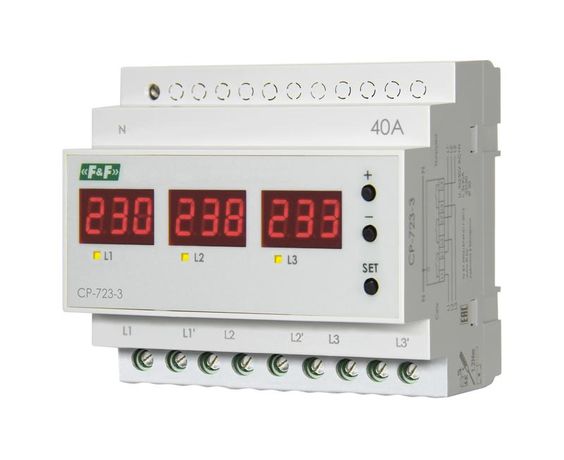 Реле напряжения CP-723-3 однофазное/трехфазное контроль напряжения: нижн. порог 140-210В верхн. 240-300В цифров. индикация 6мод. монтаж на DIN-рейку F&F EA04.009.022 Евроавтоматика