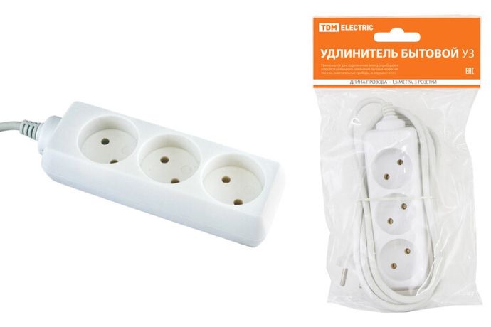 Удлинитель бытовой У3 3 гнезда, 1,5метра, без заземления, ПВС 2х0,75 мм2 10А/250В | SQ1303-0200 TDM