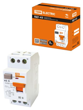 Выключатель дифференциальный (УЗО) ВД1-63 2Р 40А 500мА (тип АС, электромеханическое) | SQ0203-0093 TDM
