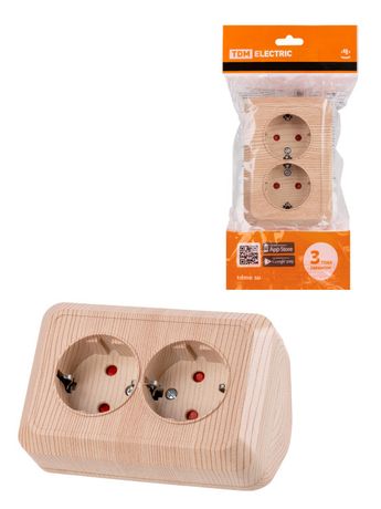 Розетка угловая двойная 2П+3 открытой установки с з/ш IP20 250В 16А сосна "Ладога" | SQ1801-0443 TDM