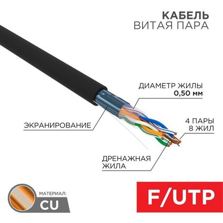 Кабель витая пара F/UTP, CAT 5e, PE, 4PR, 24AWG, OUTDOOR, SOLID, черный, 305м, РФ REXANT | 01-0146-R MEET