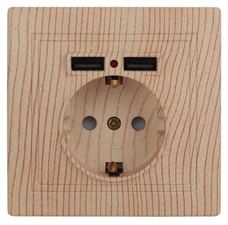 Розетка P+E Schuko со шторками, 16А-250В + 2хUSB 5В-2,1А, IP20, СУ, Plano, ссосна, 1-410-11 - Б0043252 ЭРА