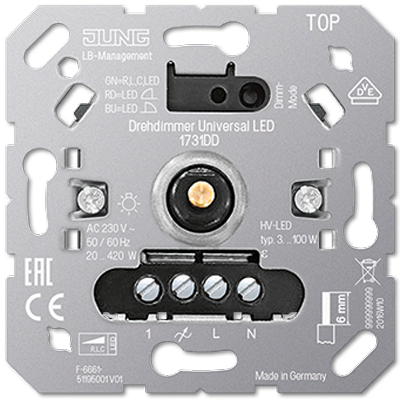Роторный LED диммер универсальный, с инкрементальным датчиком, входом под спутниковыеустройства, универсальные встраиваемые механизмы - 1731DD JUNG