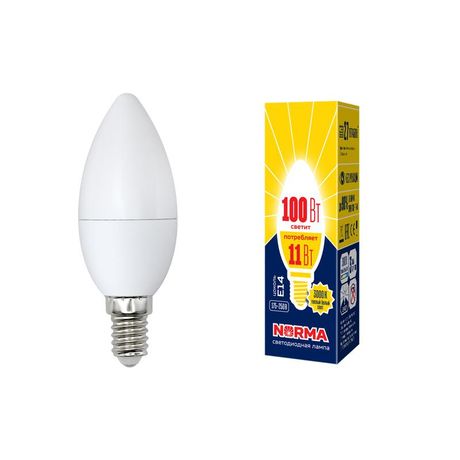 Лампа светодиодная LED-C37-11W/WW/E14/FR/NR Форма свеча, матовая. Серия Norma. Теплый белый свет (3000K). Картон. ТМ Volpe - UL-00003812 Uniel