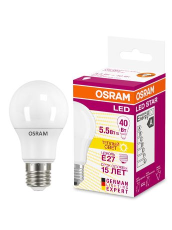 Лампа светодиодная LED Star Classic A 40 5.5W/827 5.5Вт грушевидная матовая 2700К тепл. бел. E27 470лм 220-240В пластик. OSRAM 4052899971516