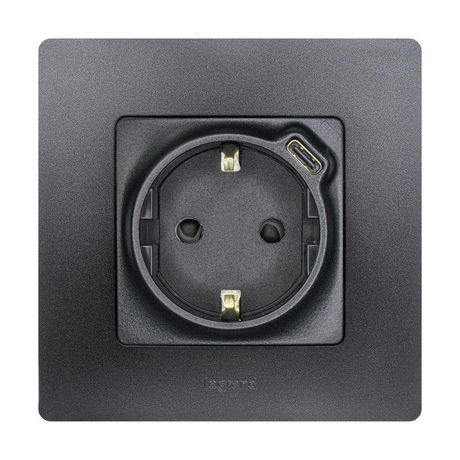 Розетка с заземлением USB тип C - Legrand Etika со шторками 16А 250В 1500мА 7,5Вт безвинтовые зажимы антрацит | 672688