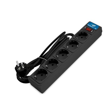 Удлинитель с сетевым фильтром 5х5м заземл 10А IP20 2.2кВт ПВС 3х1 выкл. черн. DOMTOK 2539