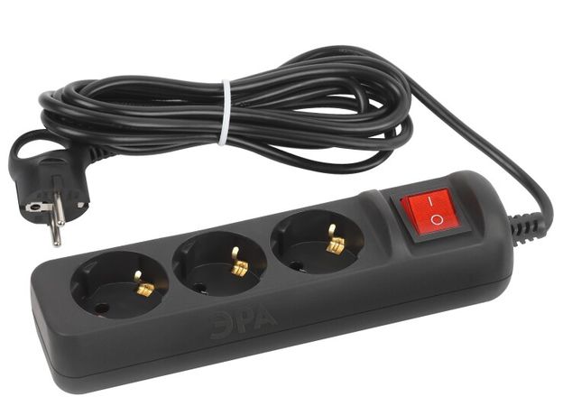 Удлинитель электрический UX-3es-5m-B с заземлением выключателем 3 розетки 5м ПВС 3x0,75мм2 10А черный | Б0057729 ЭРА