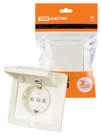 Розетка 2П+З с защ. шт. и крышкой 16А 250В IP44 сл. кость "Ильмень" | SQ1823-0117 TDM