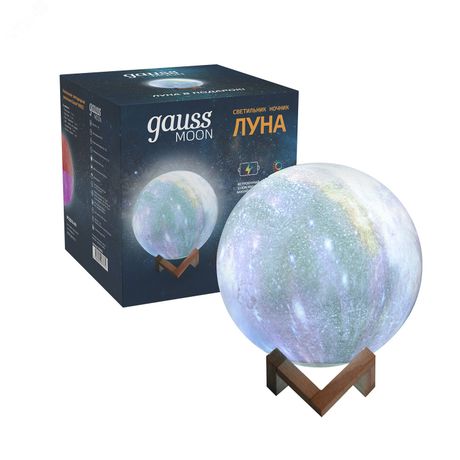 Светильник светодиодный настольный 3D Луна 1Вт 100лм 5В аккум. Li-ion 450мА.ч RGB многоцветн. GAUSS NN003