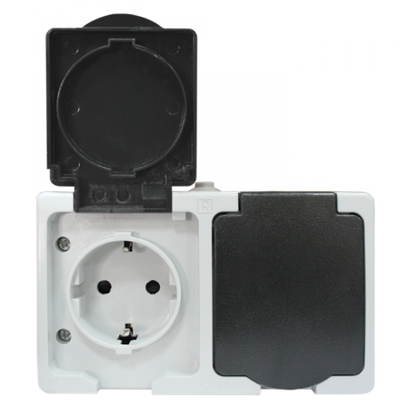 Венеция Розетка 2-местная 16А с заземлением крышкой IP54 серый защ. штор. EKF | EVR16-129-30-540