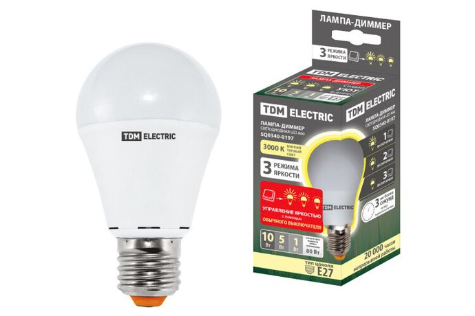 Лампа светодиодная А60 - 10 Вт-230 В -3000 К–E27 "-ДИММЕР" | SQ0340-0197 TDM