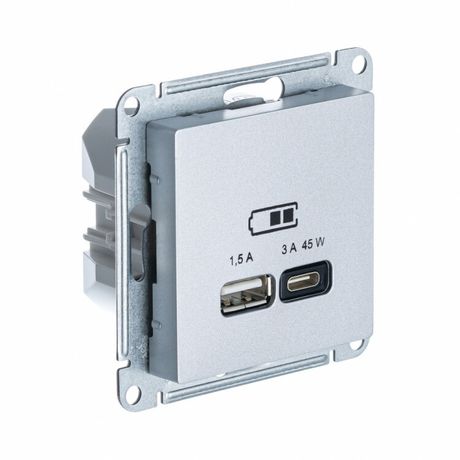 Розетка USB AtlasDesign тип A+C 45Вт QC PD высокоскор. ЗУ механизм алюм. SE ATN000329 APC
